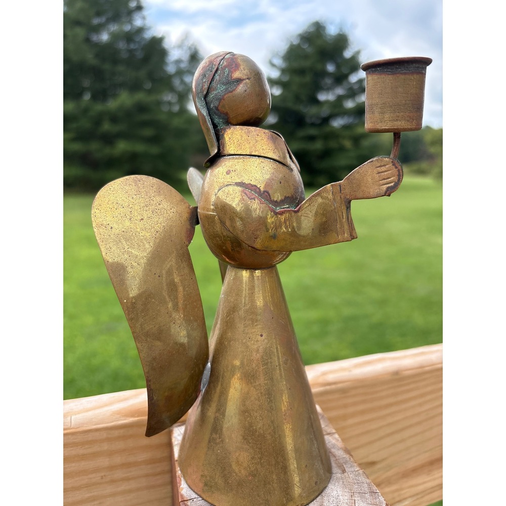 Vintage Mexico Brass Copper Angel Candle Holder Folk Art Handmade Mid Century 8"